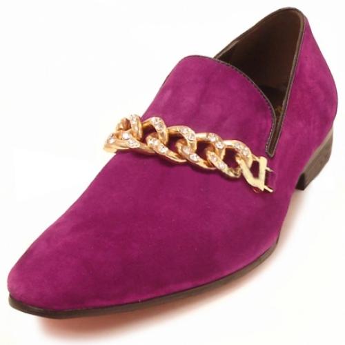 Fiesso Purple Genuine Suede Loafer Shoes With Gold Chain FI6788